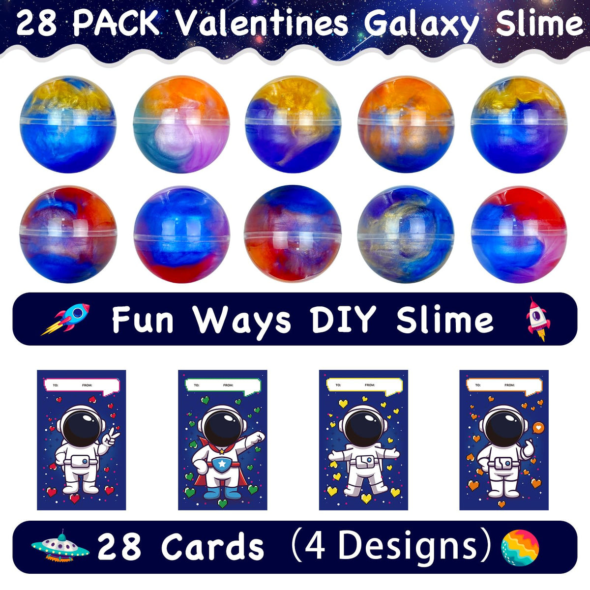 PIONJOY 28-Pack Valentines Galaxy Slime with Cards – Kids Classroom Gifts & Fidget Set