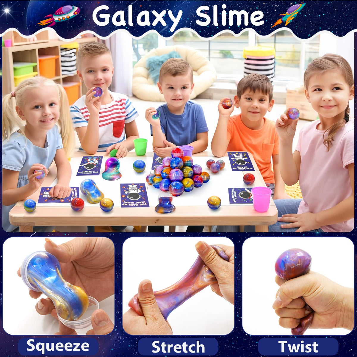 PIONJOY 28-Pack Valentines Galaxy Slime with Cards – Kids Classroom Gifts & Fidget Set