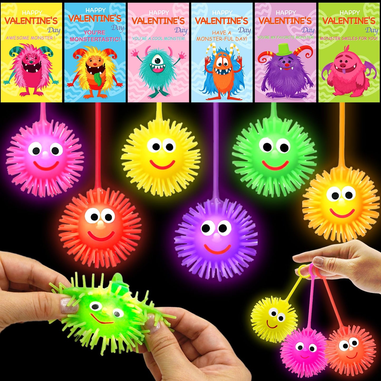PIONJOY 24-Pack Valentines LED Puffy Ball Toys with Monster Cards – Glow-in-the-Dark Classroom Prizes