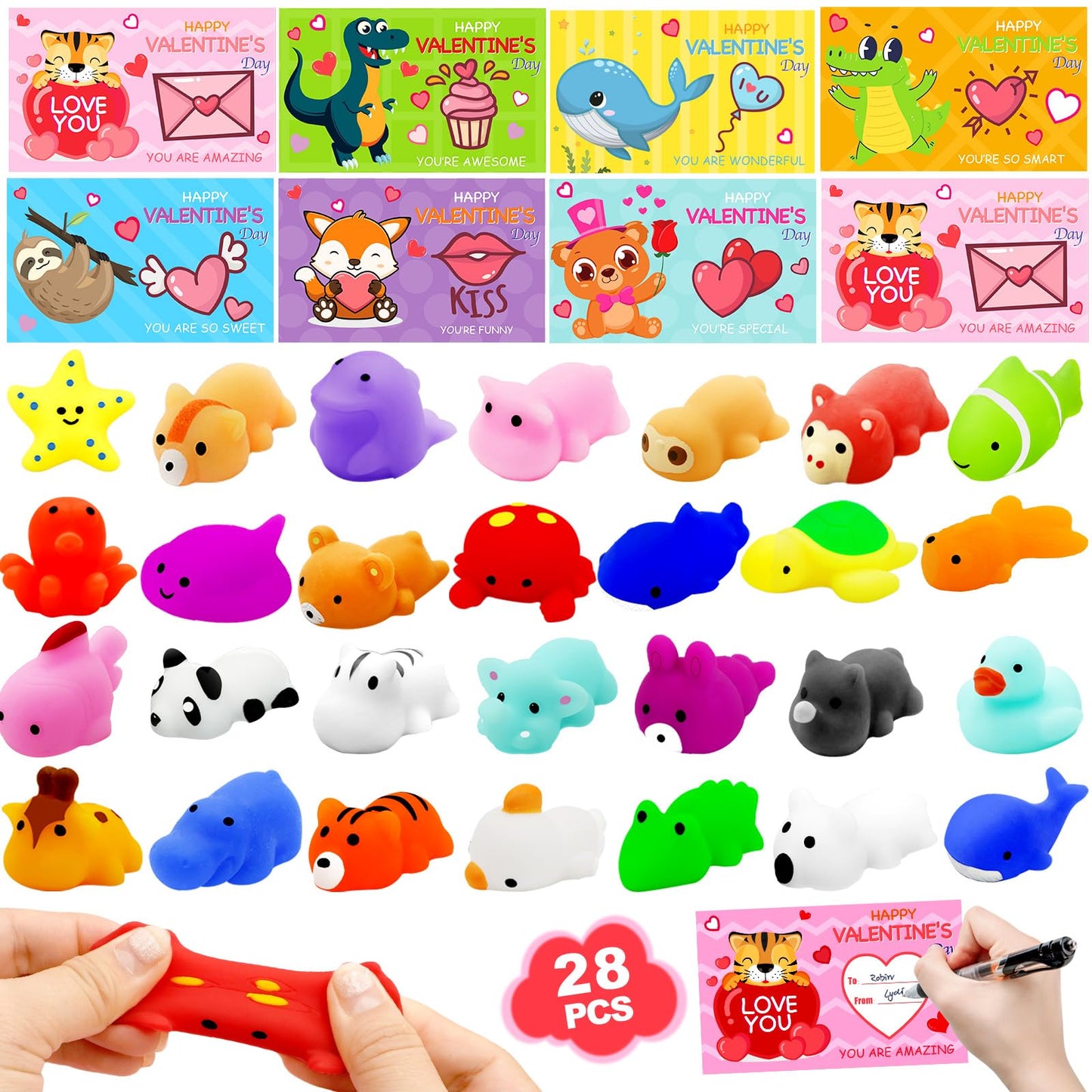 PIONJOY 28-Pack Valentines Gifts for Kids – Mochi Squishy Toys & Greeting Cards