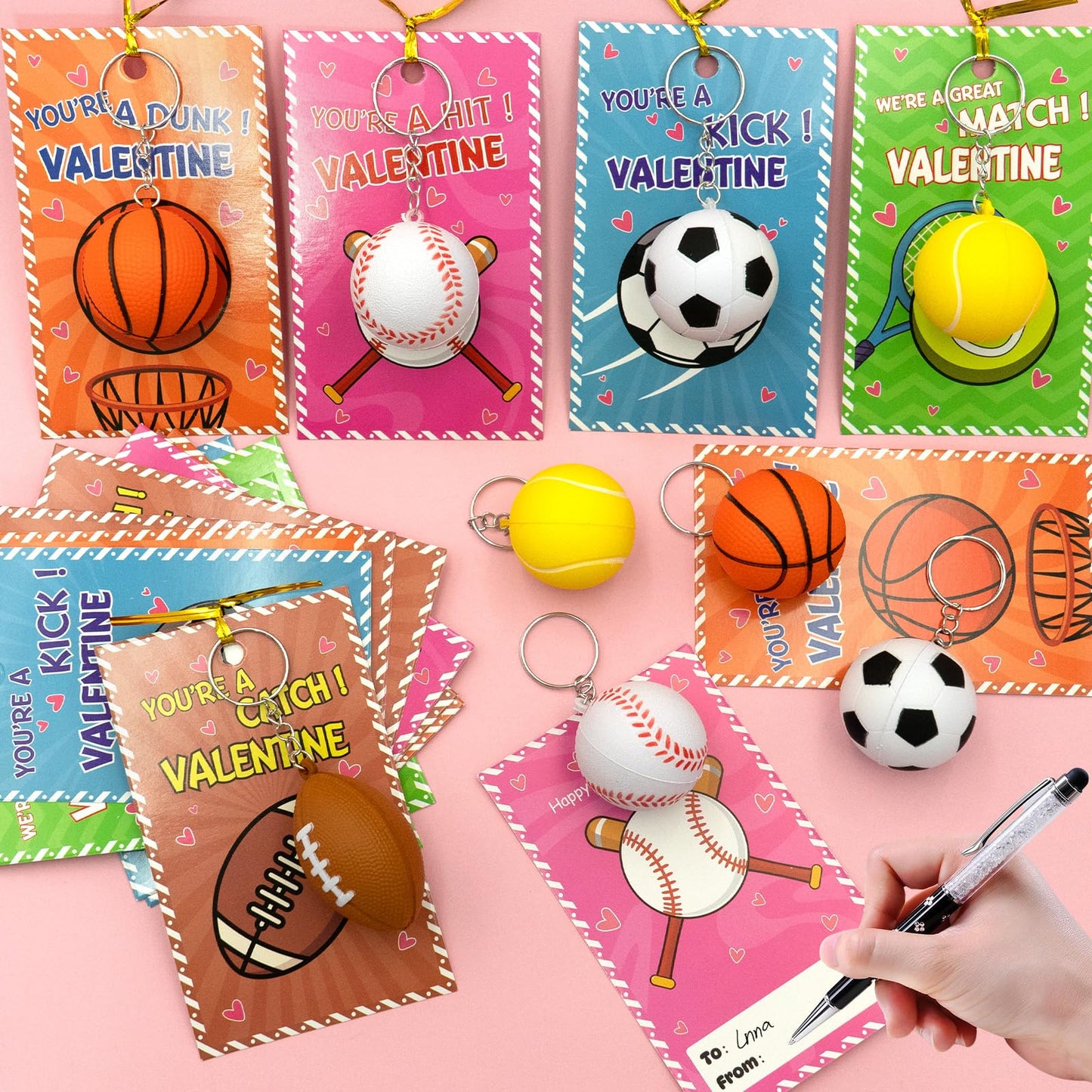 PIONJOY 30-Pack Valentines Day Gifts for Kids — Sports Keychains & PU Foam Squeeze Toys