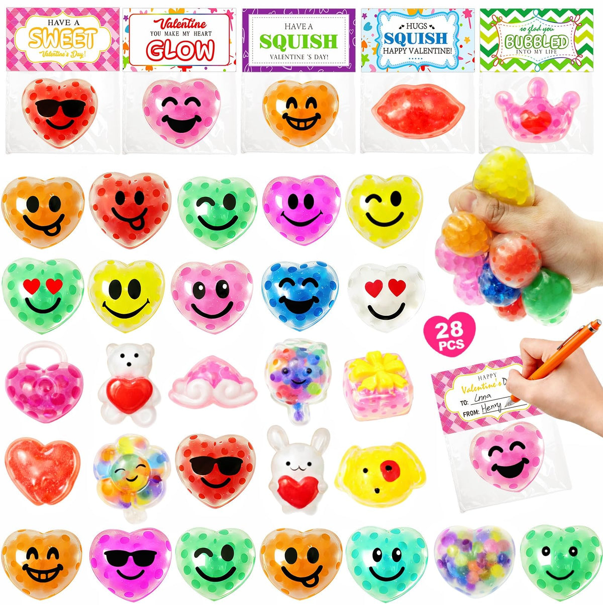 PIONJOY 28-Pack Valentines Day Gifts for Kids – Squishy Stress Balls with Cards & Classroom Prizes
