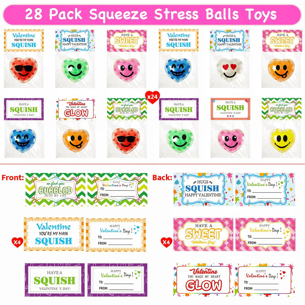 PIONJOY 28-Pack Valentines Day Gifts for Kids – Squishy Stress Balls with Cards & Classroom Prizes
