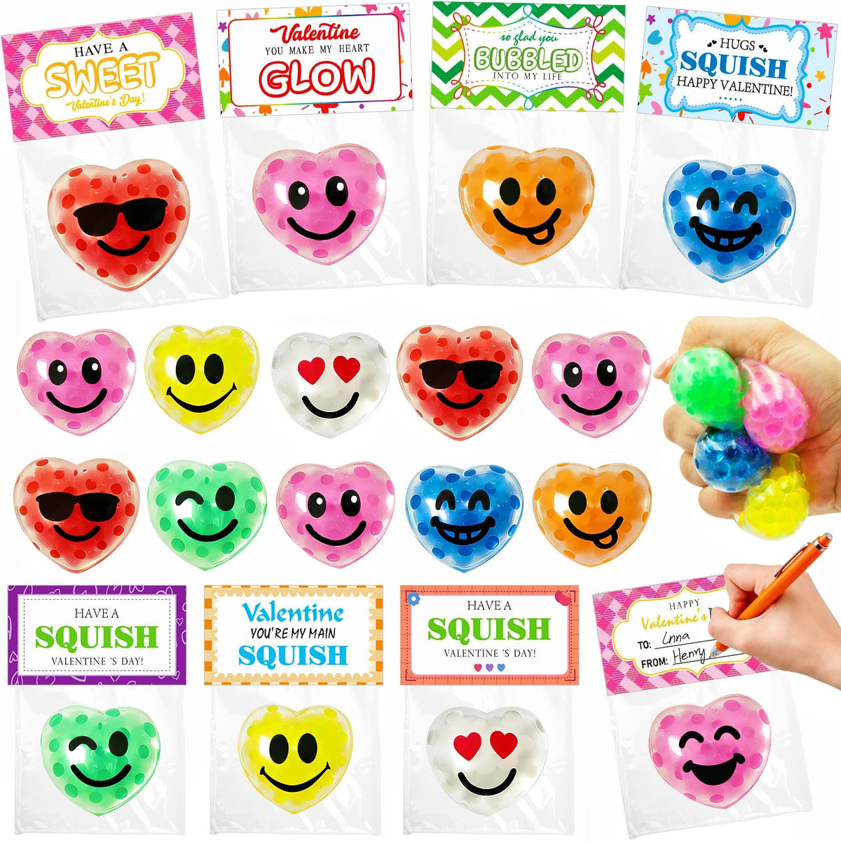 PIONJOY 28-Pack Valentines Day Gifts for Kids – Stress Balls & Card Set