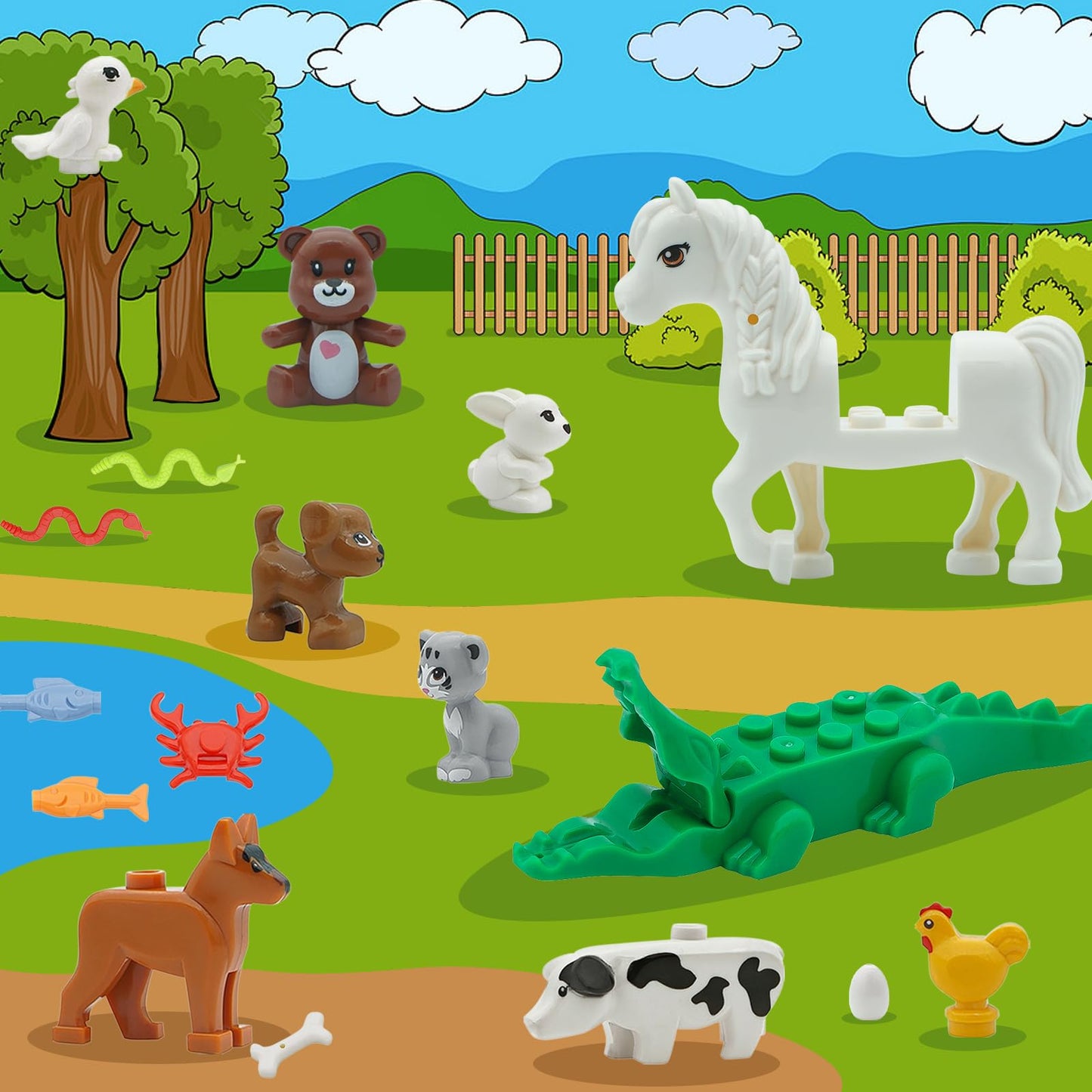PIPART Friend Animal Figures 24-Piece Building Blocks Set | Farm & Sea Animals