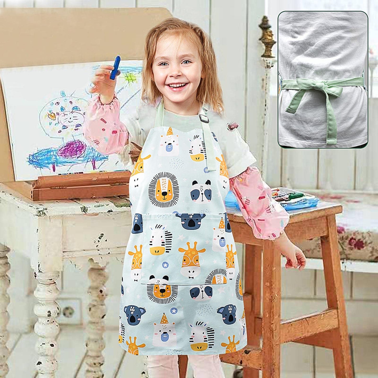 Pipoobear Kids Apron 3-6 | Adjustable 100% Cotton Blue with Pocket