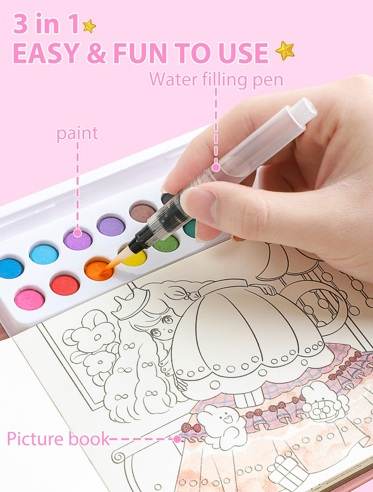 PIRIE Princess Paint with Water Coloring Book – All-in-One Kids Art Kit