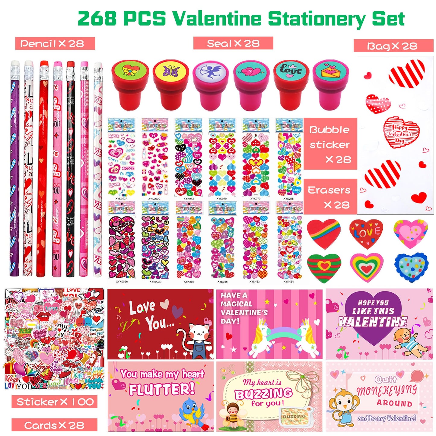 Piroo 268PCS Valentines Day Classroom Gifts – Bulk Cards, Pencils, Stickers for Kids