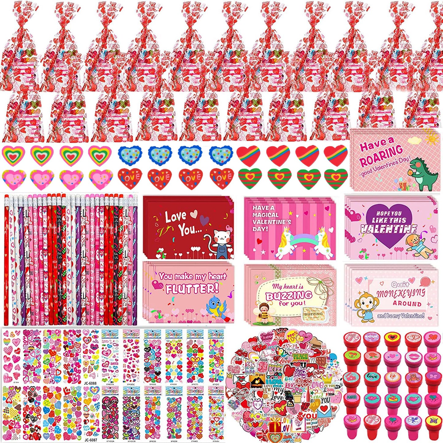 Piroo 268PCS Valentines Day Classroom Gifts – Bulk Cards, Pencils, Stickers for Kids