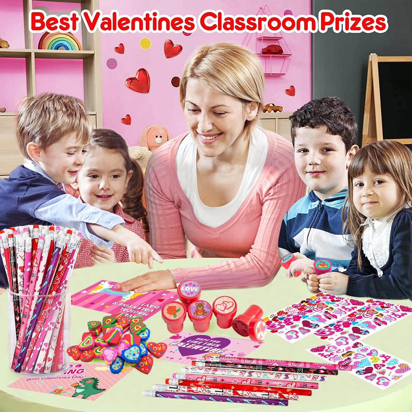 Piroo 268PCS Valentines Day Classroom Gifts – Bulk Cards, Pencils, Stickers for Kids