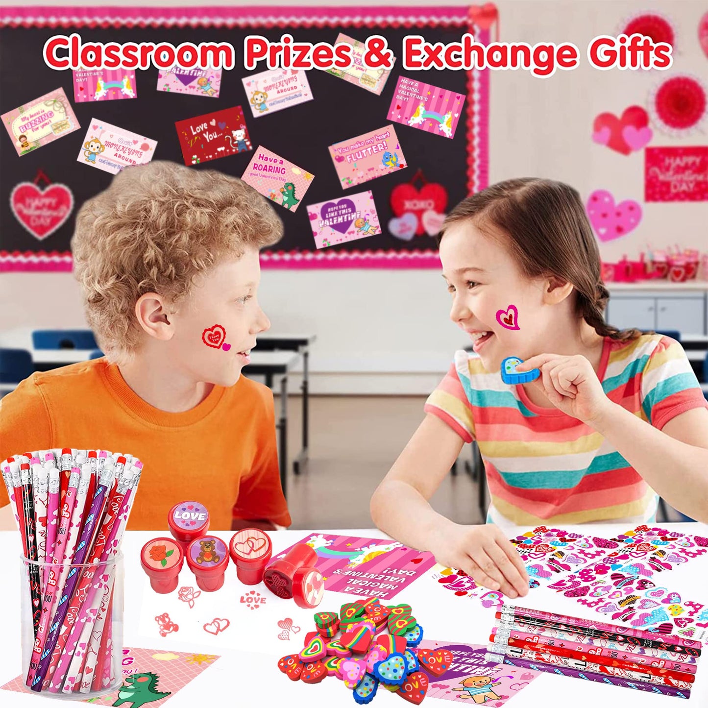 Piroo 268PCS Valentines Day Classroom Gifts – Bulk Cards, Pencils, Stickers for Kids