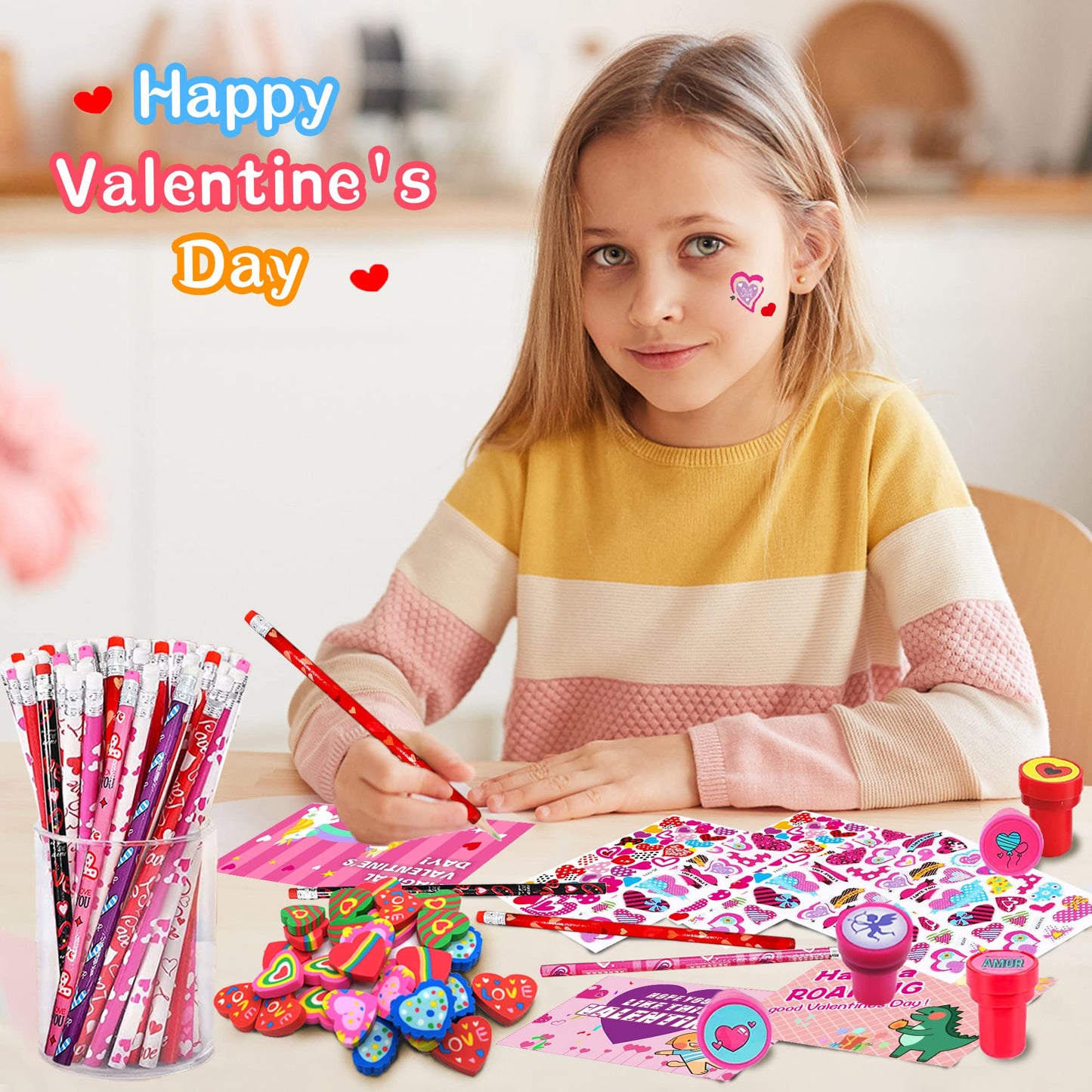 Piroo 268PCS Valentines Day Classroom Gifts – Bulk Cards, Pencils, Stickers for Kids