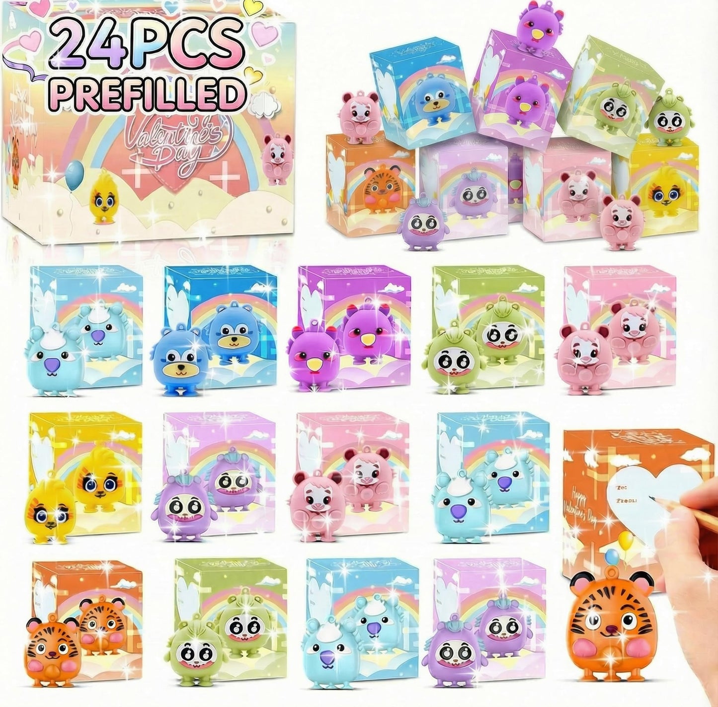 Pistroy Valentine's Day Gifts for Kids: 24-Piece Classroom Box Set with 3D Animal Pop Toys