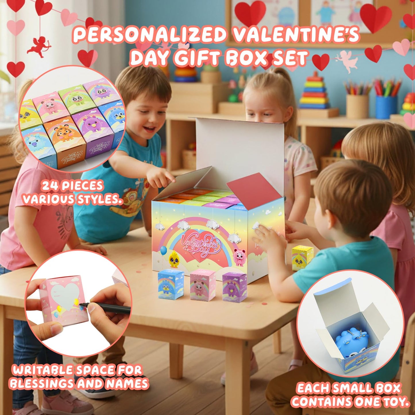 Pistroy Valentine's Day Gifts for Kids: 24-Piece Classroom Box Set with 3D Animal Pop Toys
