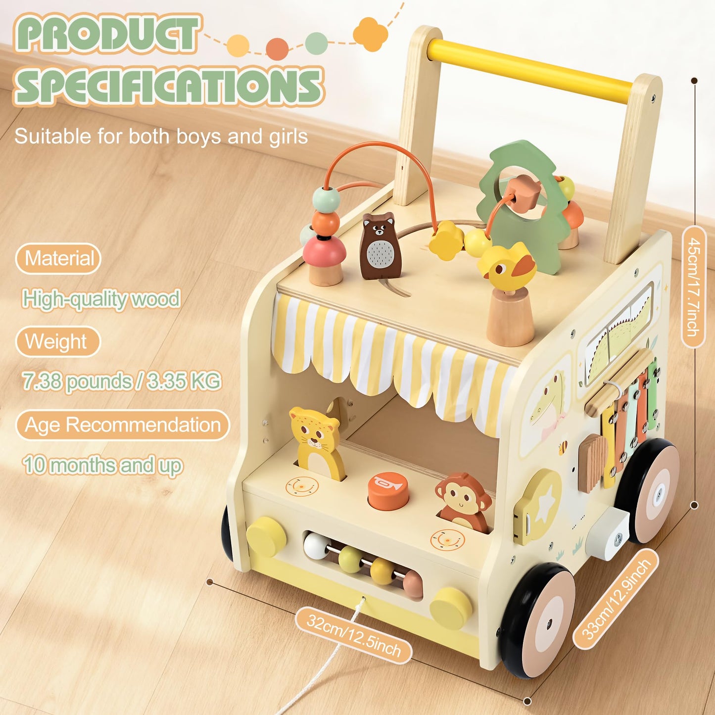 Pithfor Wooden Activity Cube Push Walker – Montessori Baby Walker for Ages 10–12 Months to 3 Years