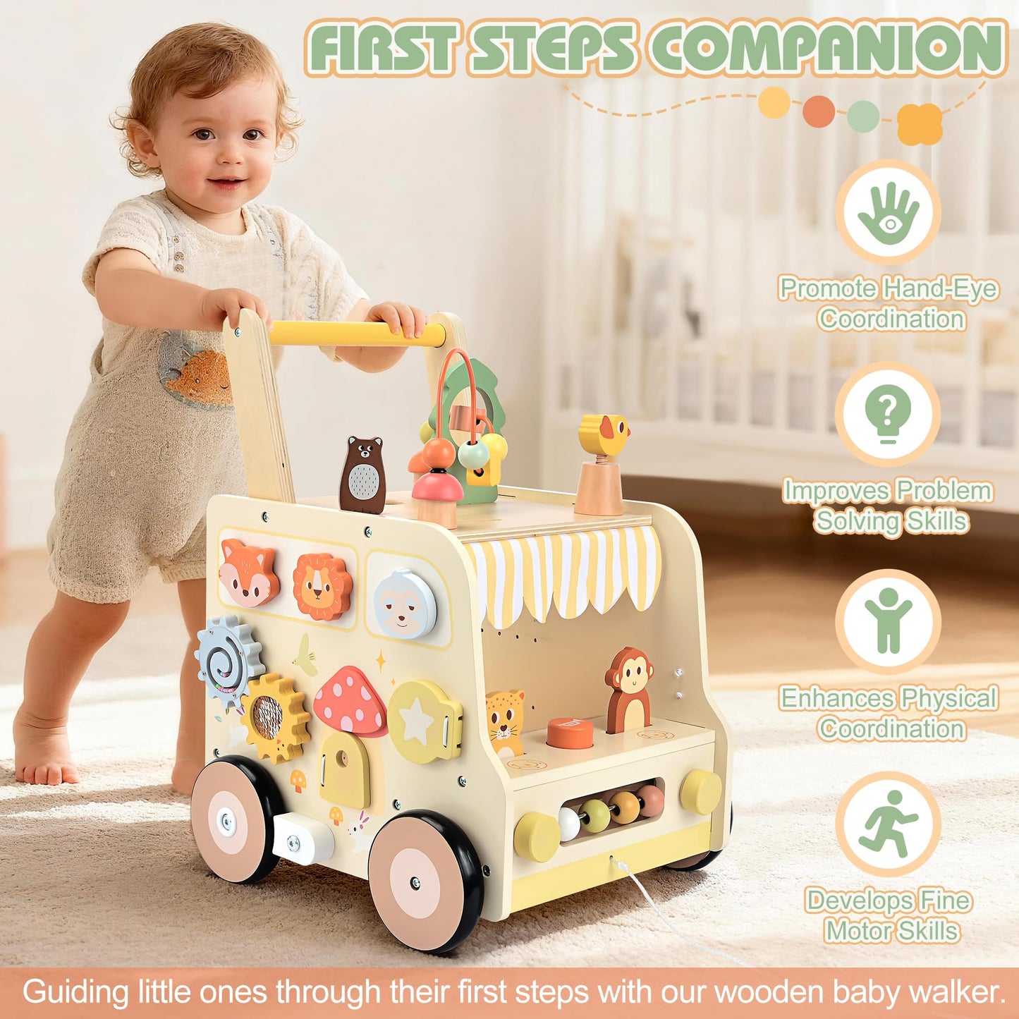 Pithfor Wooden Activity Cube Push Walker – Montessori Baby Walker for Ages 10–12 Months to 3 Years