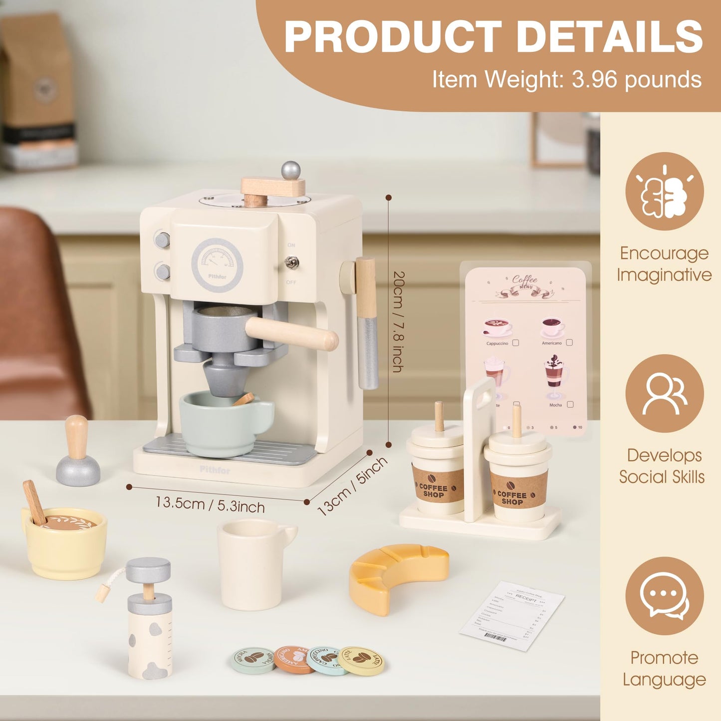 Pithfor Kids Wooden Coffee Playset with Grinder – Pretend Play Kitchen Toy