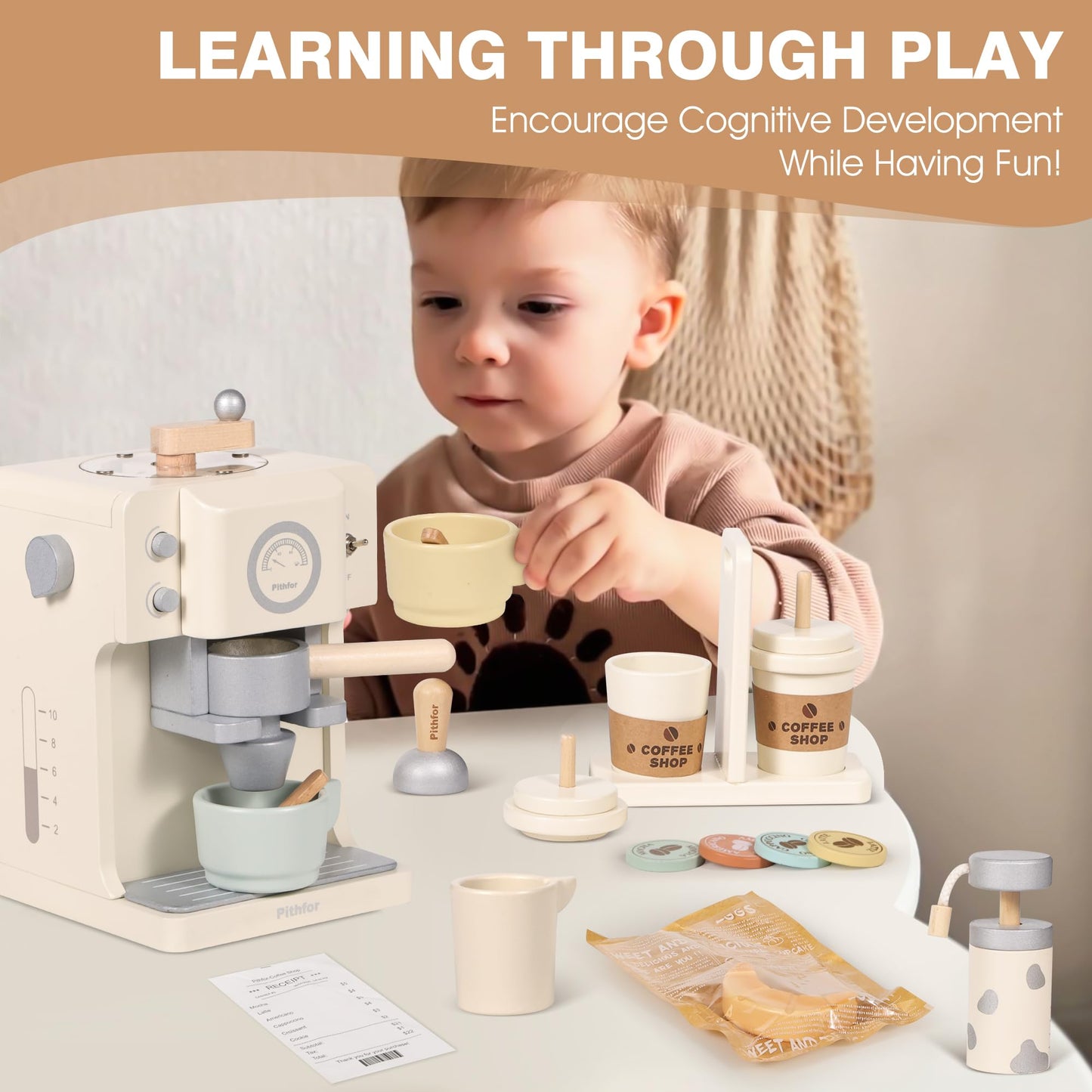 Pithfor Kids Wooden Coffee Playset with Grinder – Pretend Play Kitchen Toy
