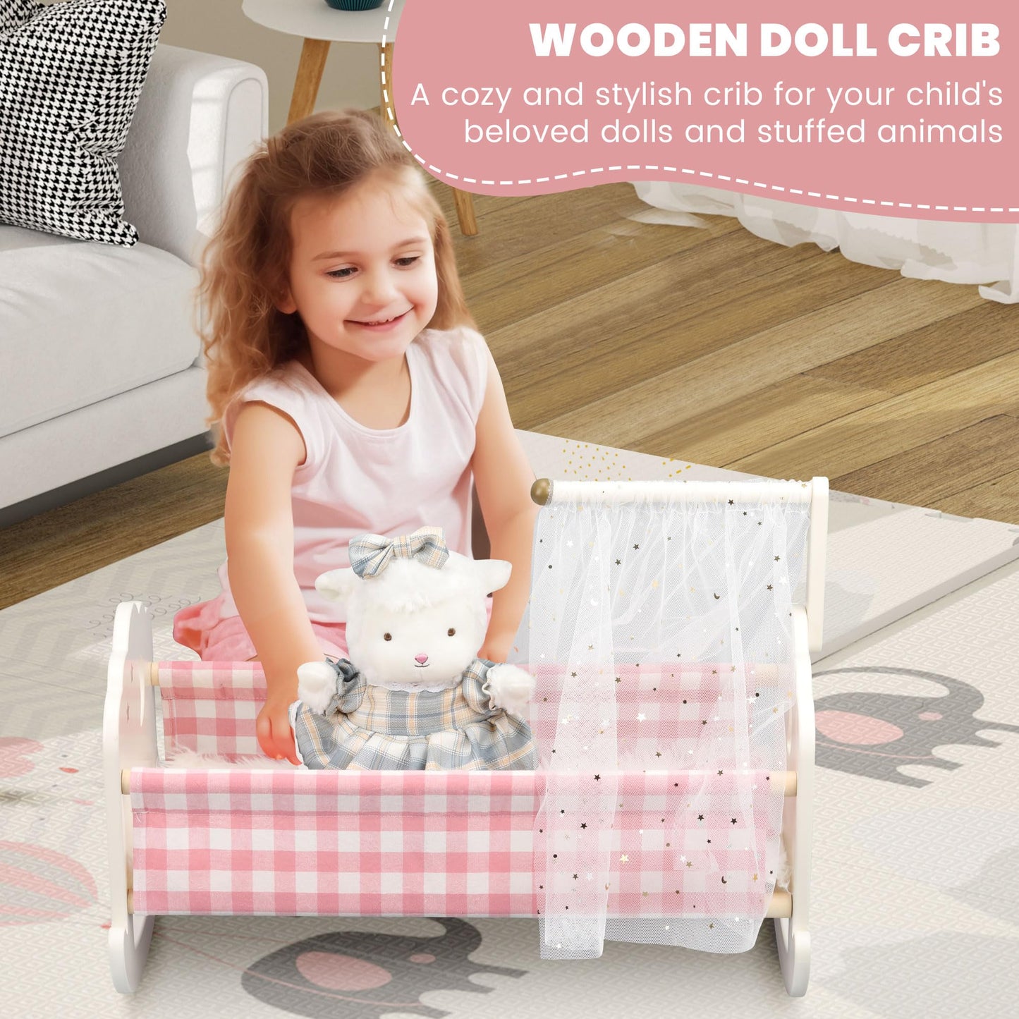Pithfor Wooden Doll Crib Set for 18-Inch Dolls | Bedding & Canopy