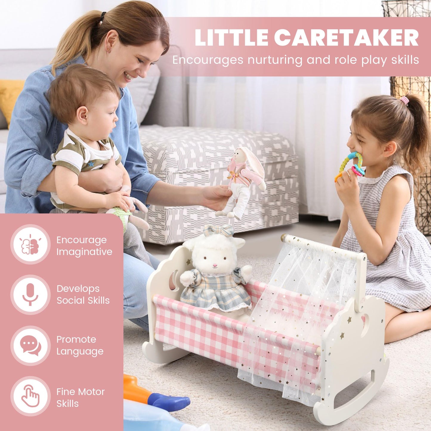 Pithfor Wooden Doll Crib Set for 18-Inch Dolls | Bedding & Canopy
