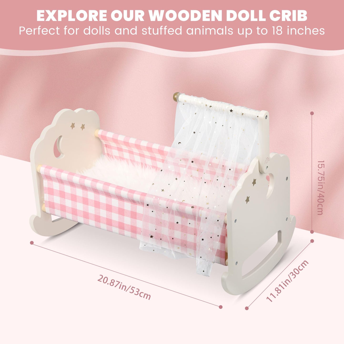 Pithfor Wooden Doll Crib Set for 18-Inch Dolls | Bedding & Canopy
