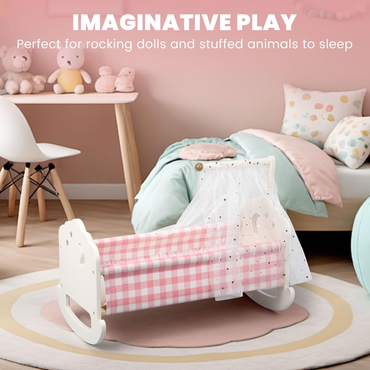 Pithfor Wooden Doll Crib Set for 18-Inch Dolls | Bedding & Canopy