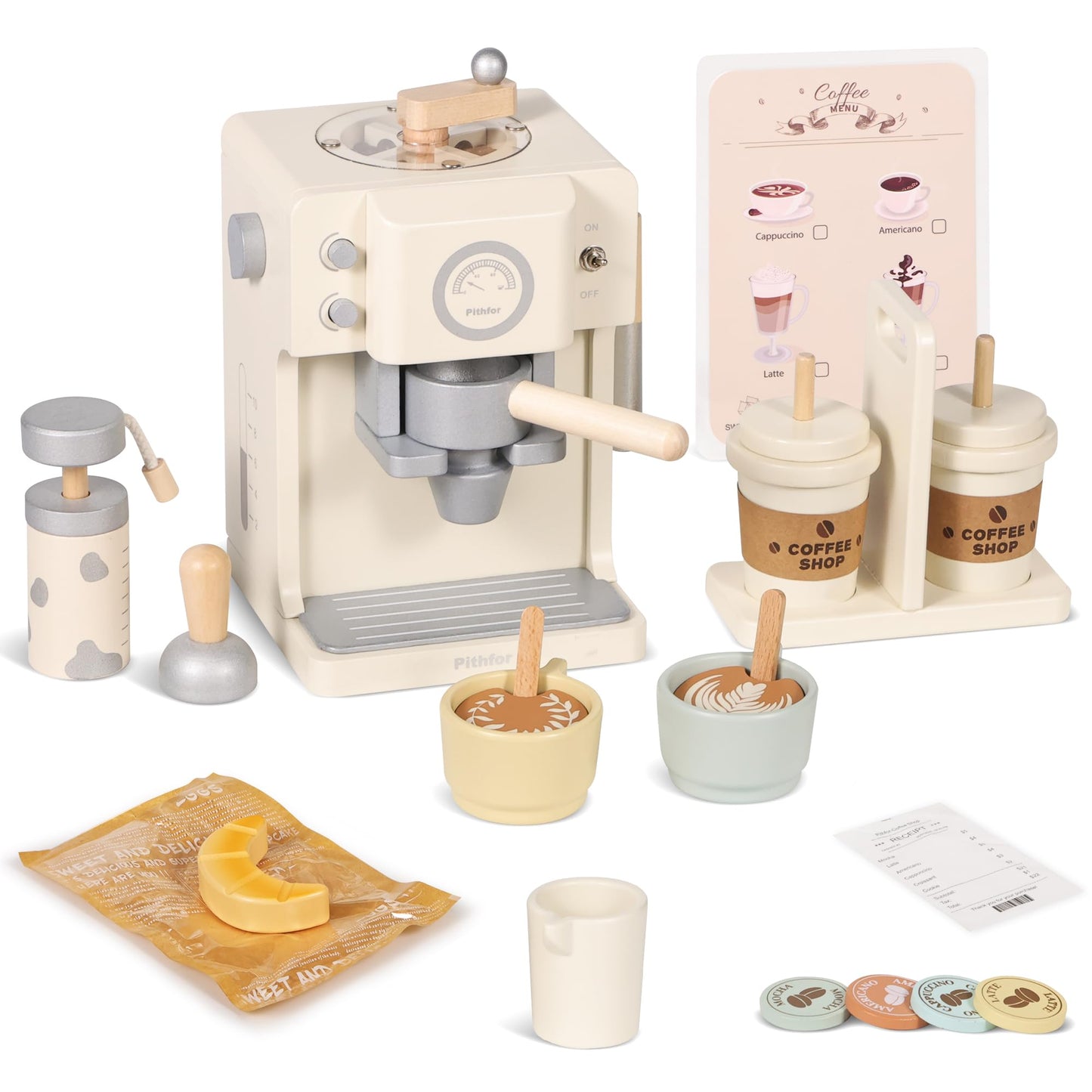Pithfor Kids Wooden Coffee Playset with Grinder – Pretend Play Kitchen Toy