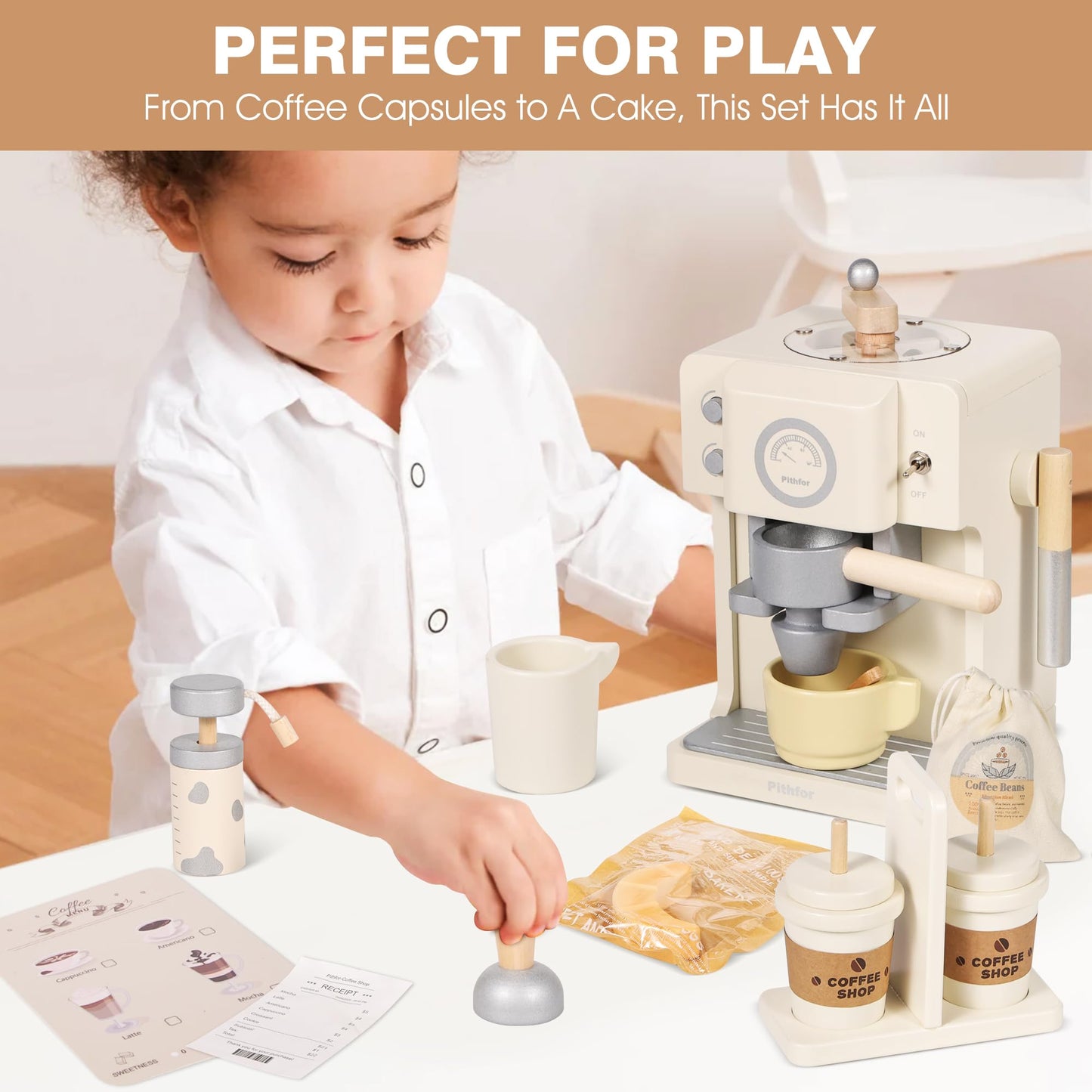 Pithfor Kids Wooden Coffee Playset with Grinder – Pretend Play Kitchen Toy