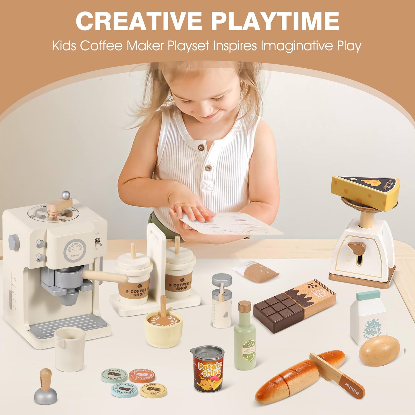 Pithfor Kids Wooden Coffee Playset with Grinder – Pretend Play Kitchen Toy