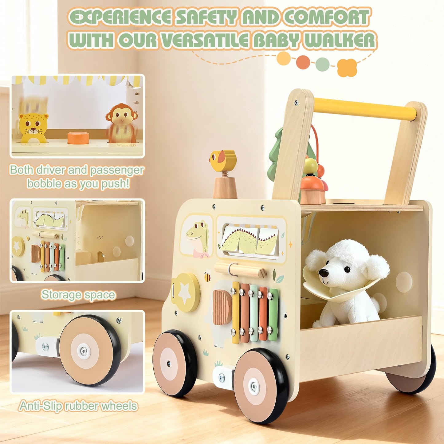 Pithfor Wooden Activity Cube Push Walker – Montessori Baby Walker for Ages 10–12 Months to 3 Years