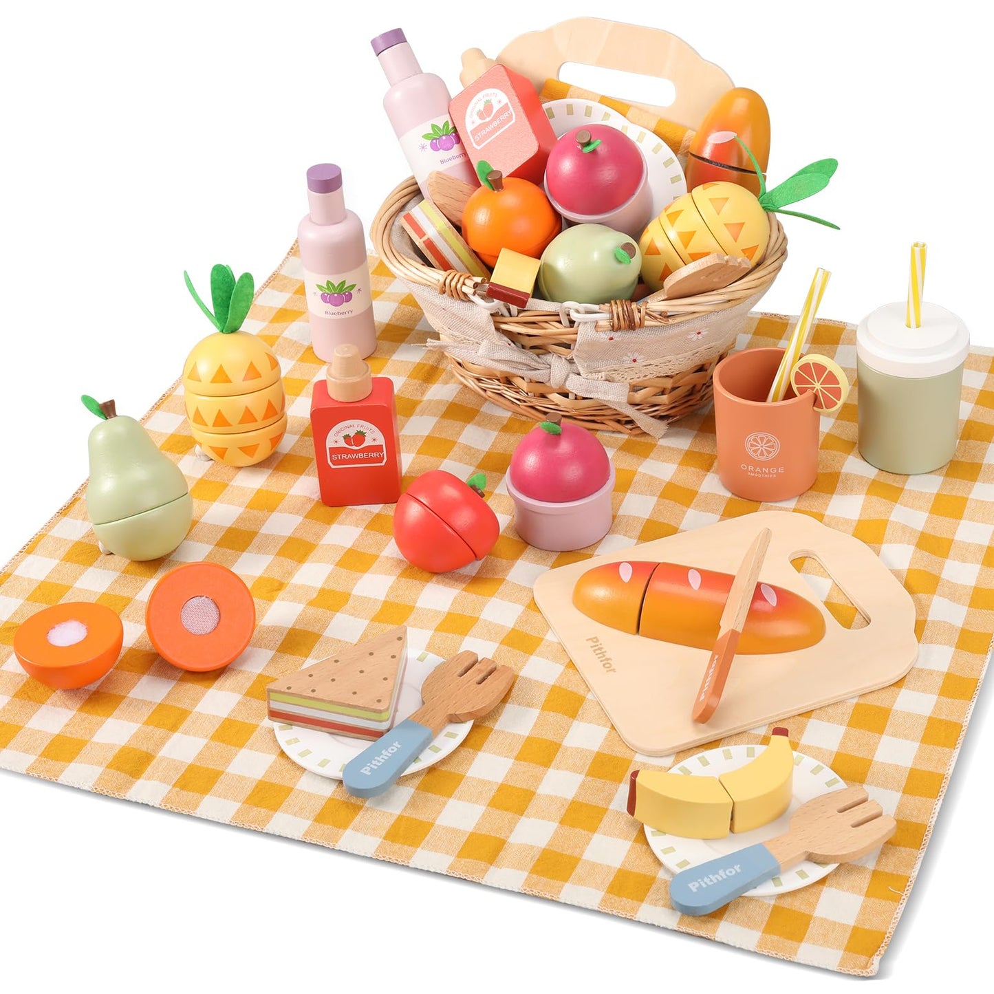 Pithfor Picnic Playset – Wooden Play Food for Kids, Cutting Pretend Kitchen Toy