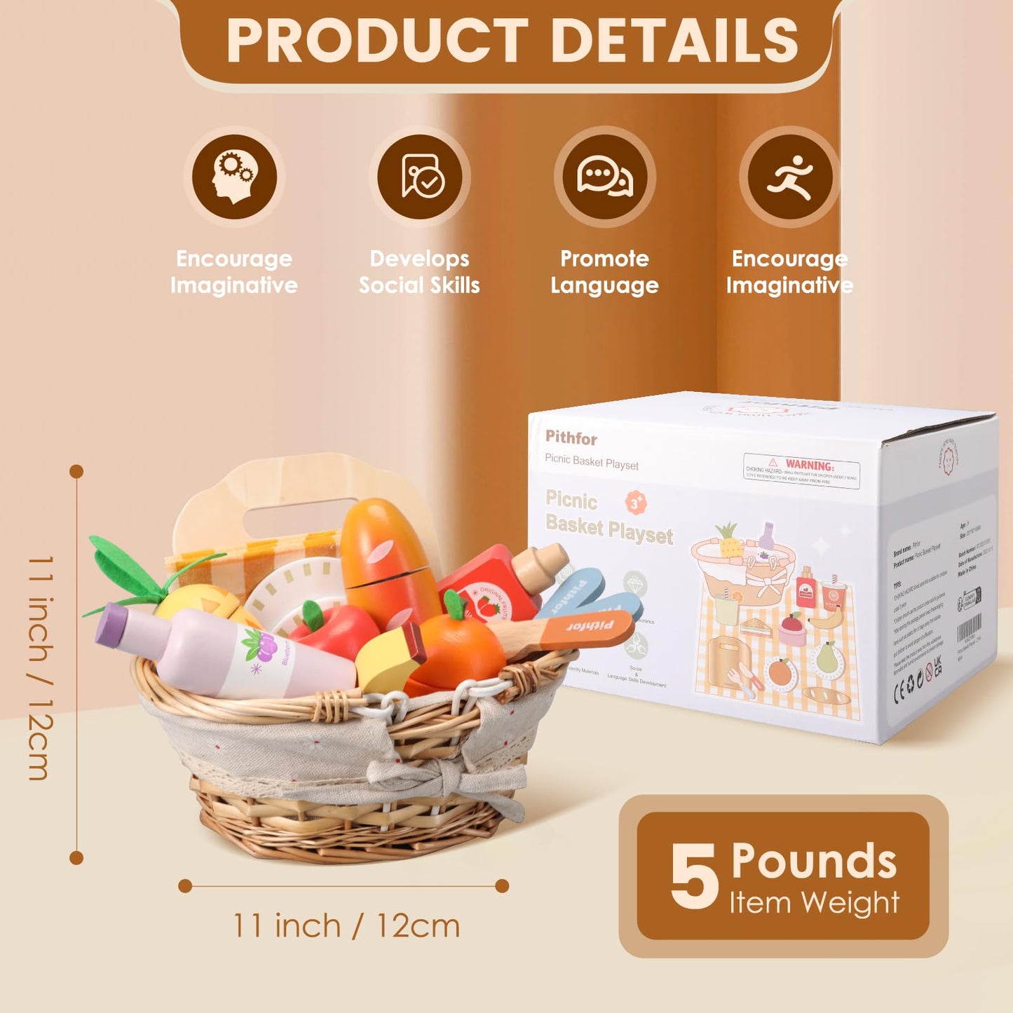 Pithfor Picnic Playset – Wooden Play Food for Kids, Cutting Pretend Kitchen Toy