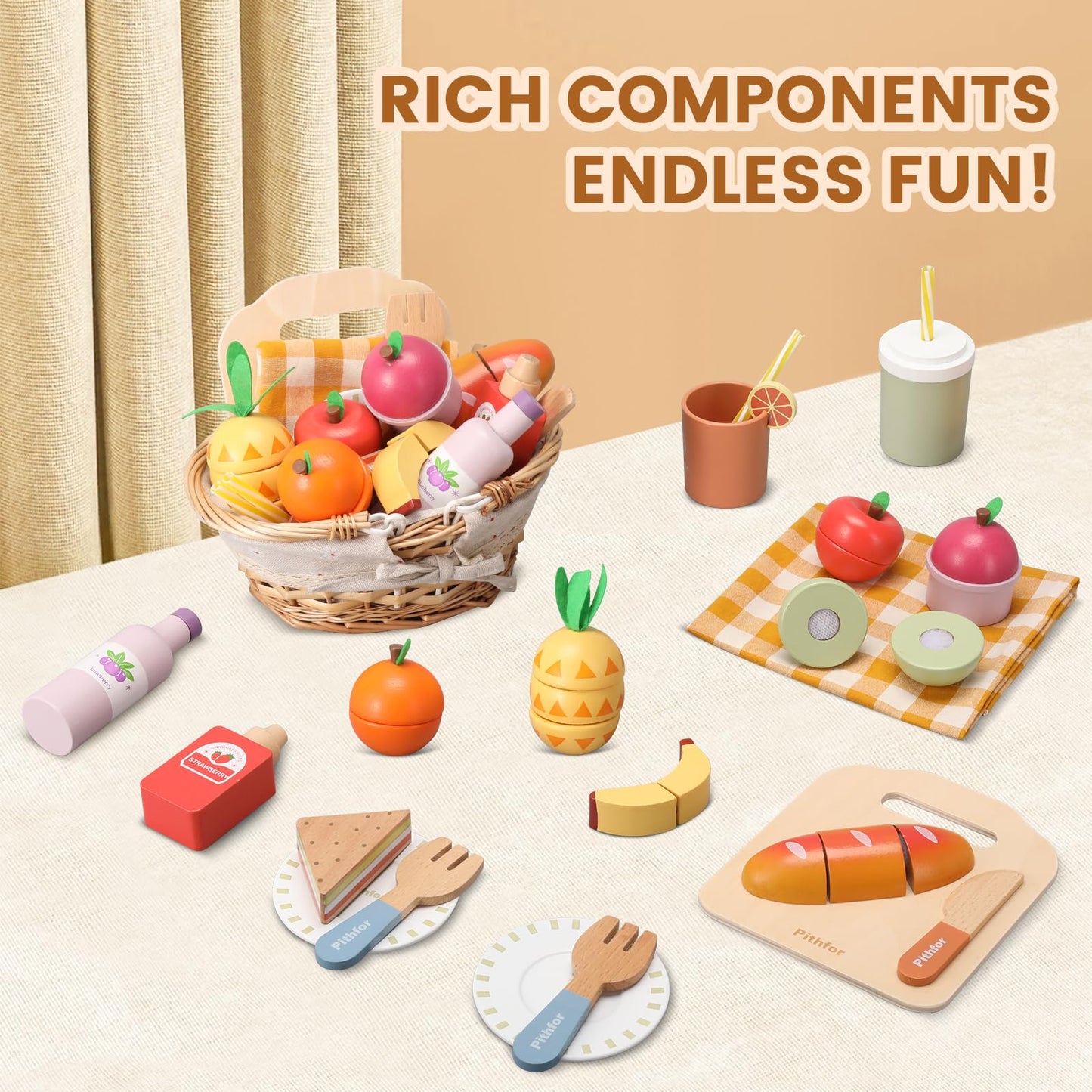 Pithfor Picnic Playset – Wooden Play Food for Kids, Cutting Pretend Kitchen Toy