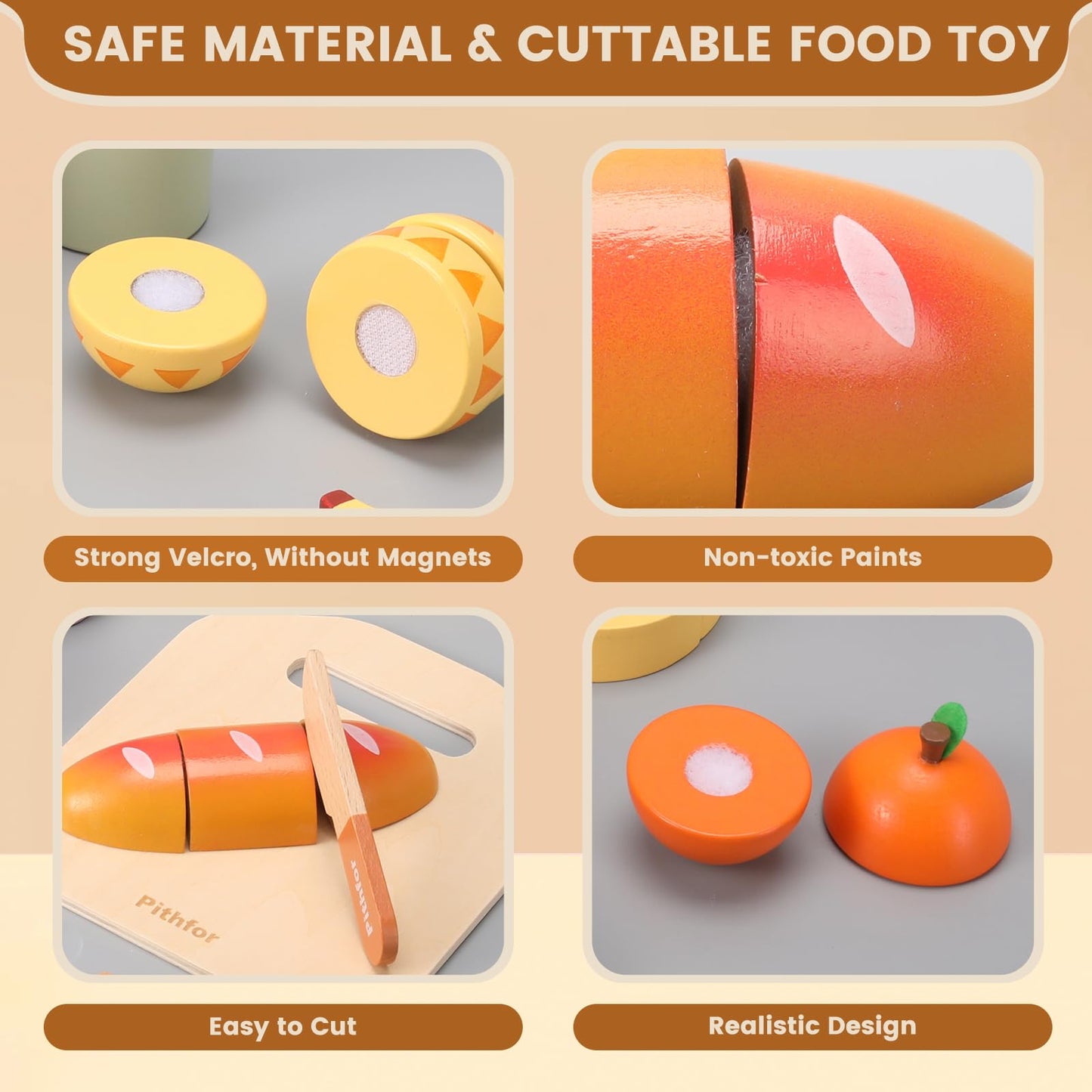 Pithfor Picnic Playset – Wooden Play Food for Kids, Cutting Pretend Kitchen Toy