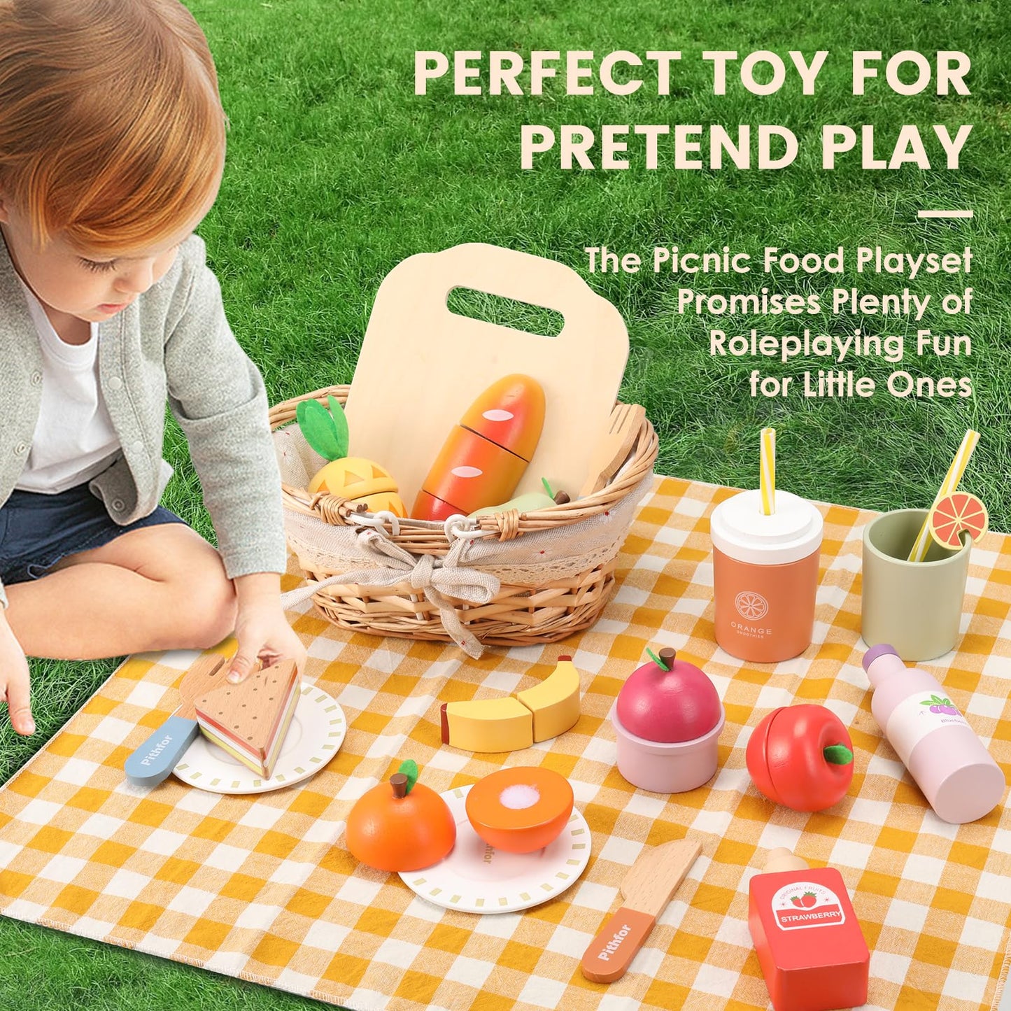 Pithfor Picnic Playset – Wooden Play Food for Kids, Cutting Pretend Kitchen Toy