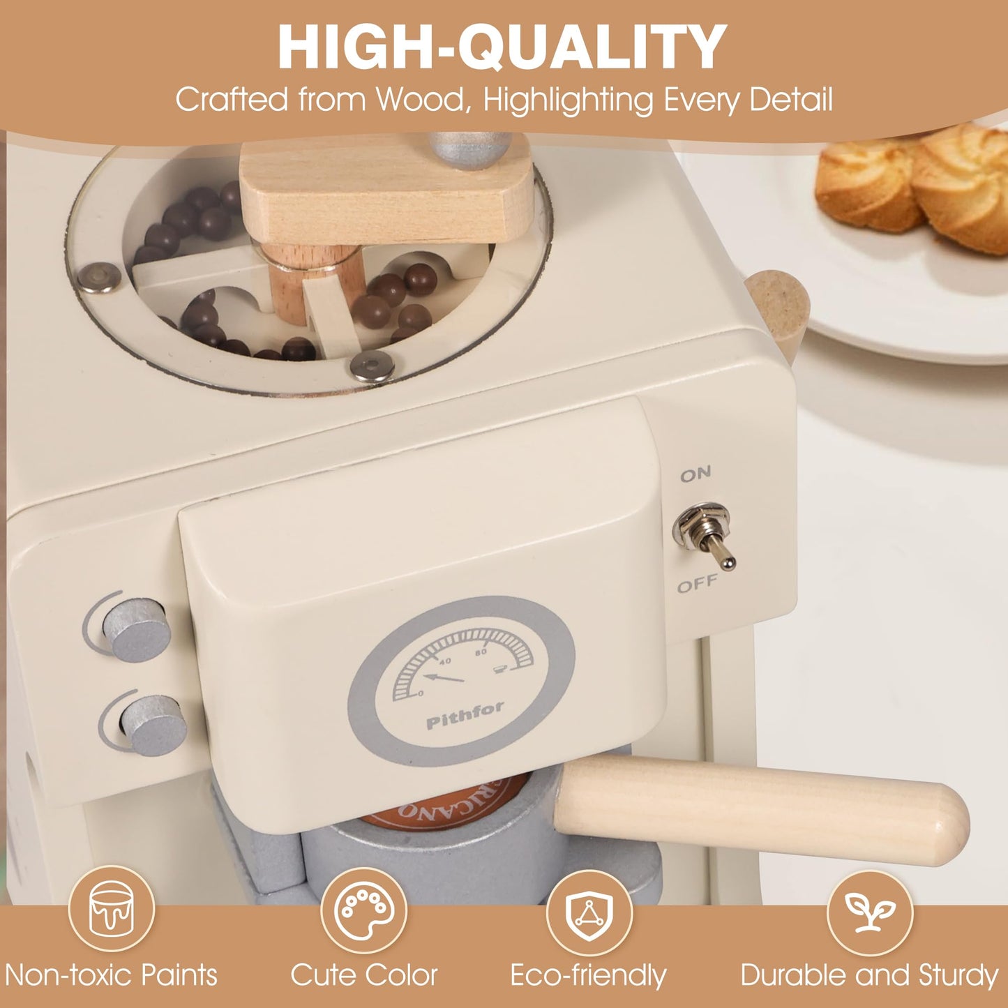 Pithfor Kids Wooden Coffee Playset with Grinder – Pretend Play Kitchen Toy