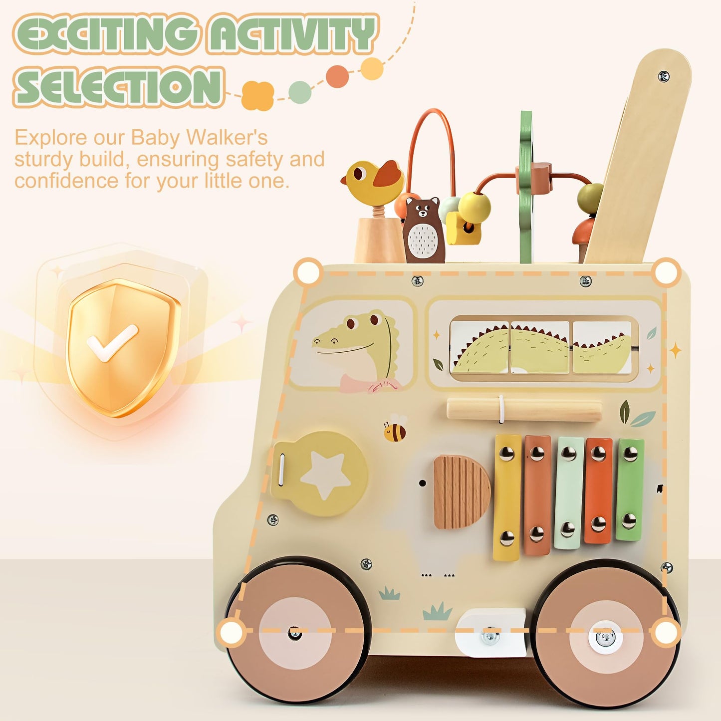 Pithfor Wooden Activity Cube Push Walker – Montessori Baby Walker for Ages 10–12 Months to 3 Years