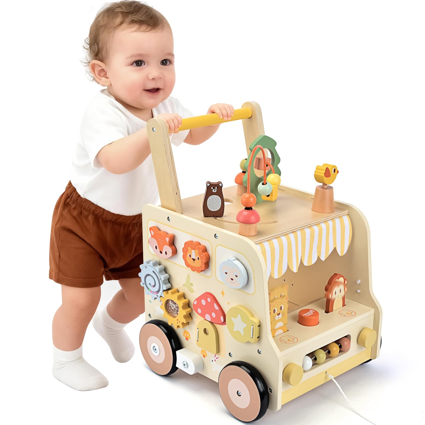 Pithfor Wooden Activity Cube Push Walker – Montessori Baby Walker for Ages 10–12 Months to 3 Years