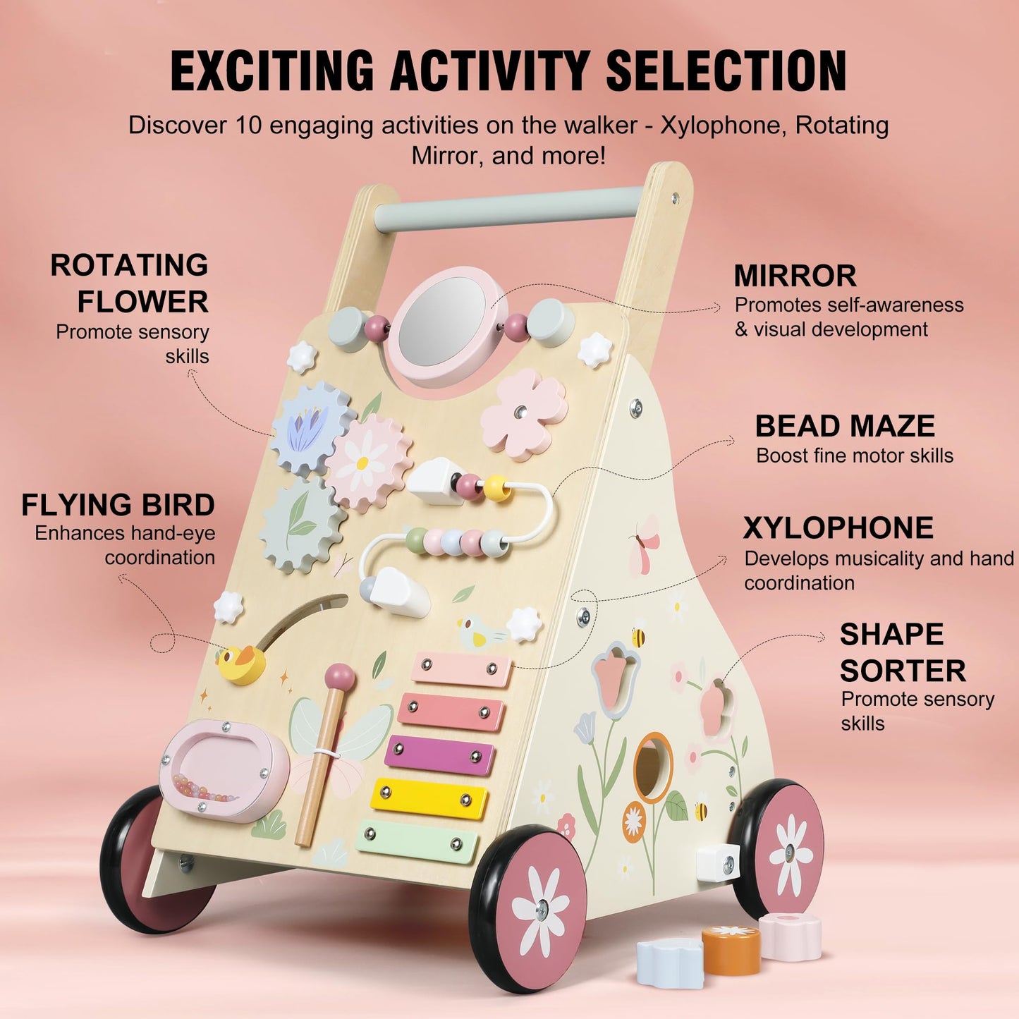 Pithfor Wooden Baby Walker — Montessori Sensory Push Walker for First Steps and Sit-to-Stand
