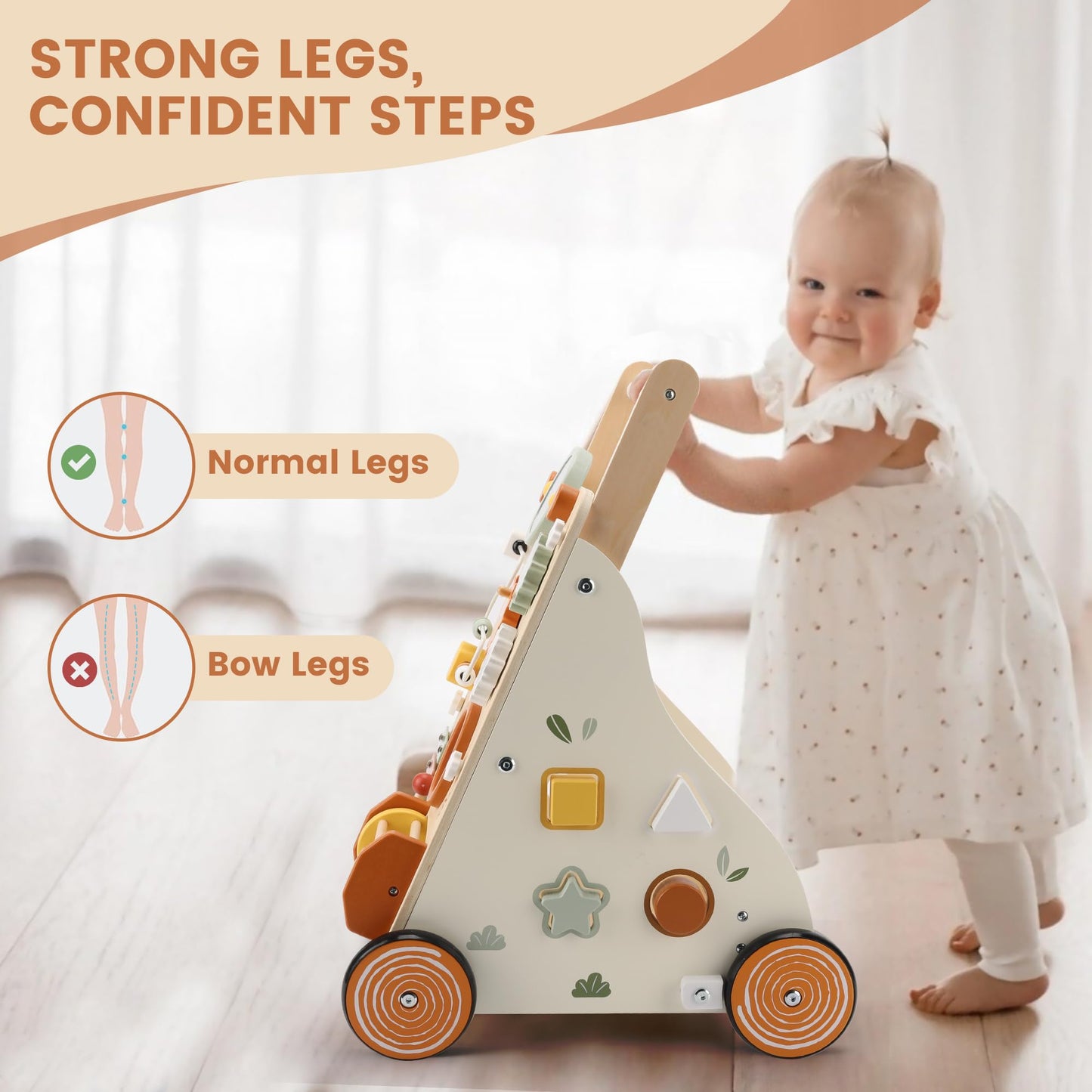 Pithfor Wooden Baby Walker – Montessori Push Walker with 8 Activities for First Steps
