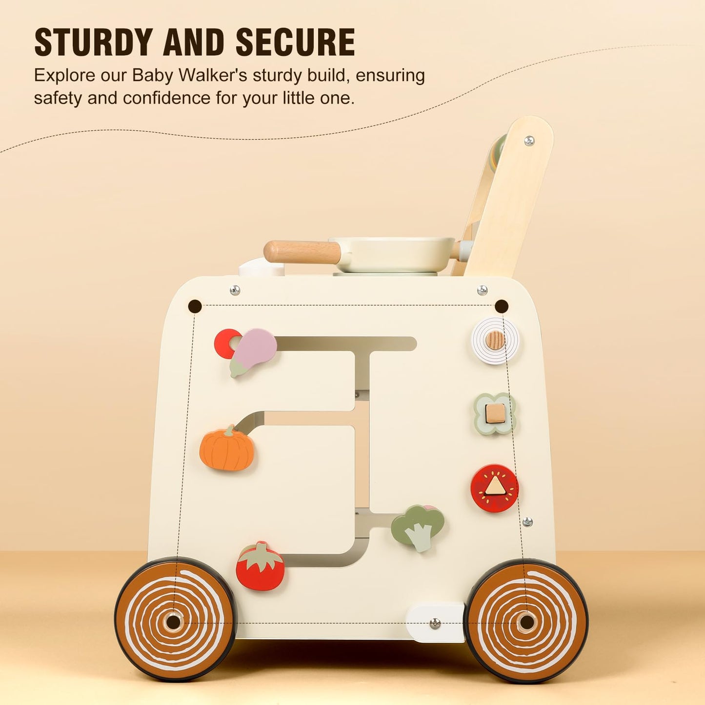 Pithfor Wooden Baby Walker – 3-in-1 Push Walker, Montessori Sensory Center & Pretend Kitchen