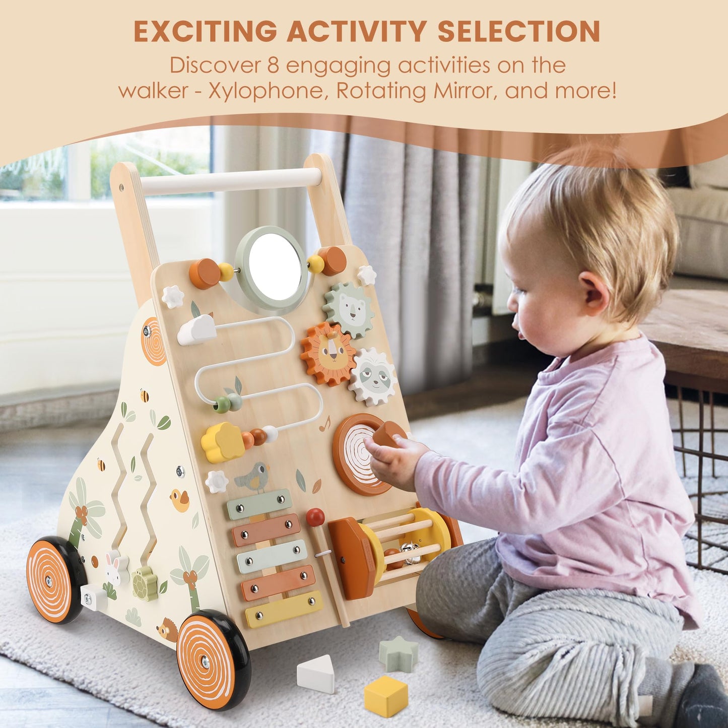Pithfor Wooden Baby Walker – Montessori Push Walker with 8 Activities for First Steps