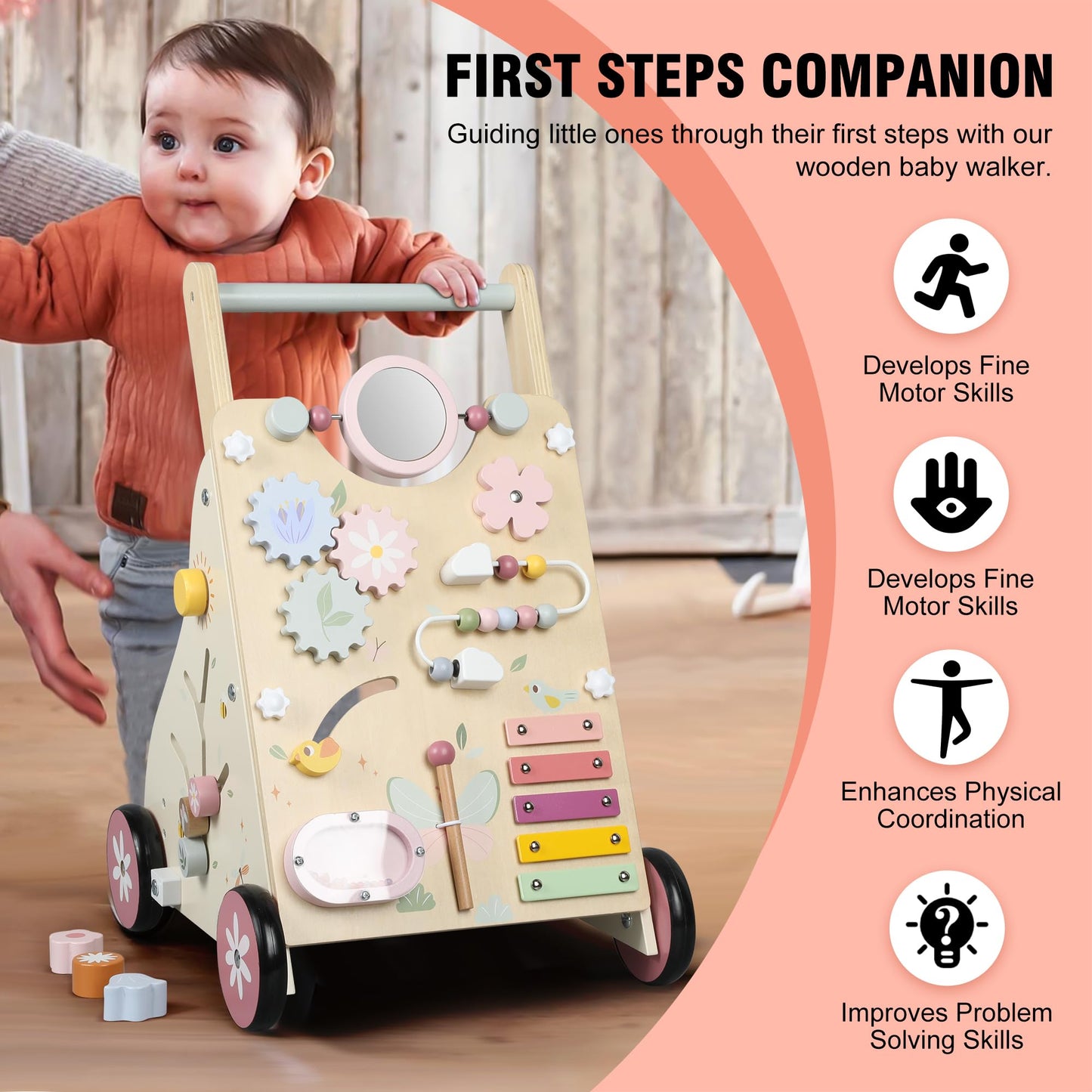 Pithfor Wooden Baby Walker — Montessori Sensory Push Walker for First Steps and Sit-to-Stand