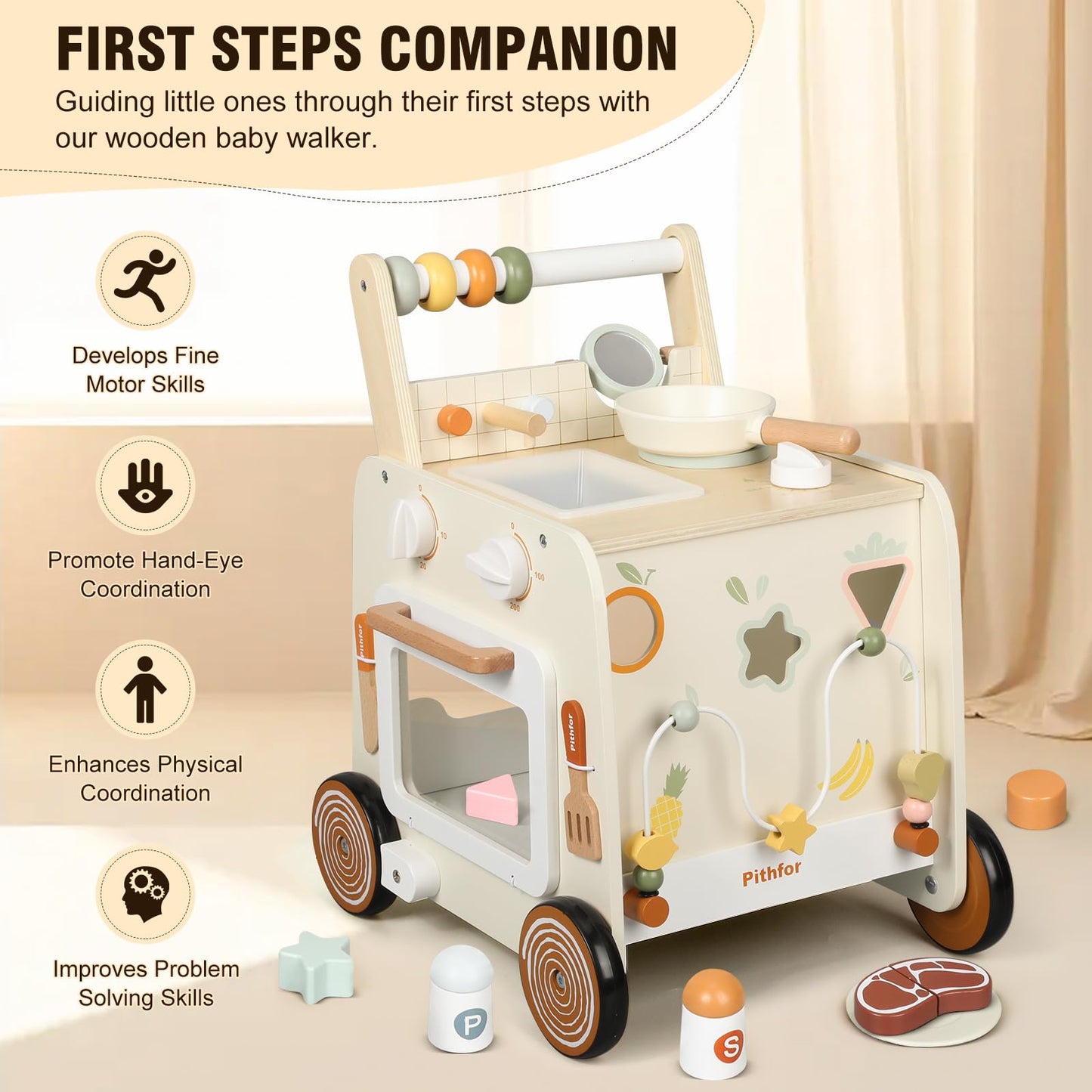 Pithfor Wooden Baby Walker – 3-in-1 Push Walker, Montessori Sensory Center & Pretend Kitchen