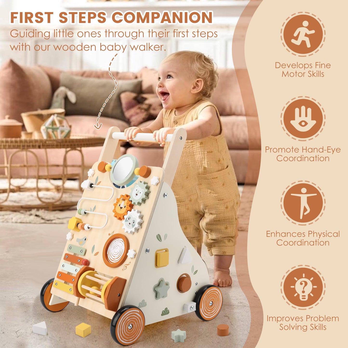 Pithfor Wooden Baby Walker – Montessori Push Walker with 8 Activities for First Steps