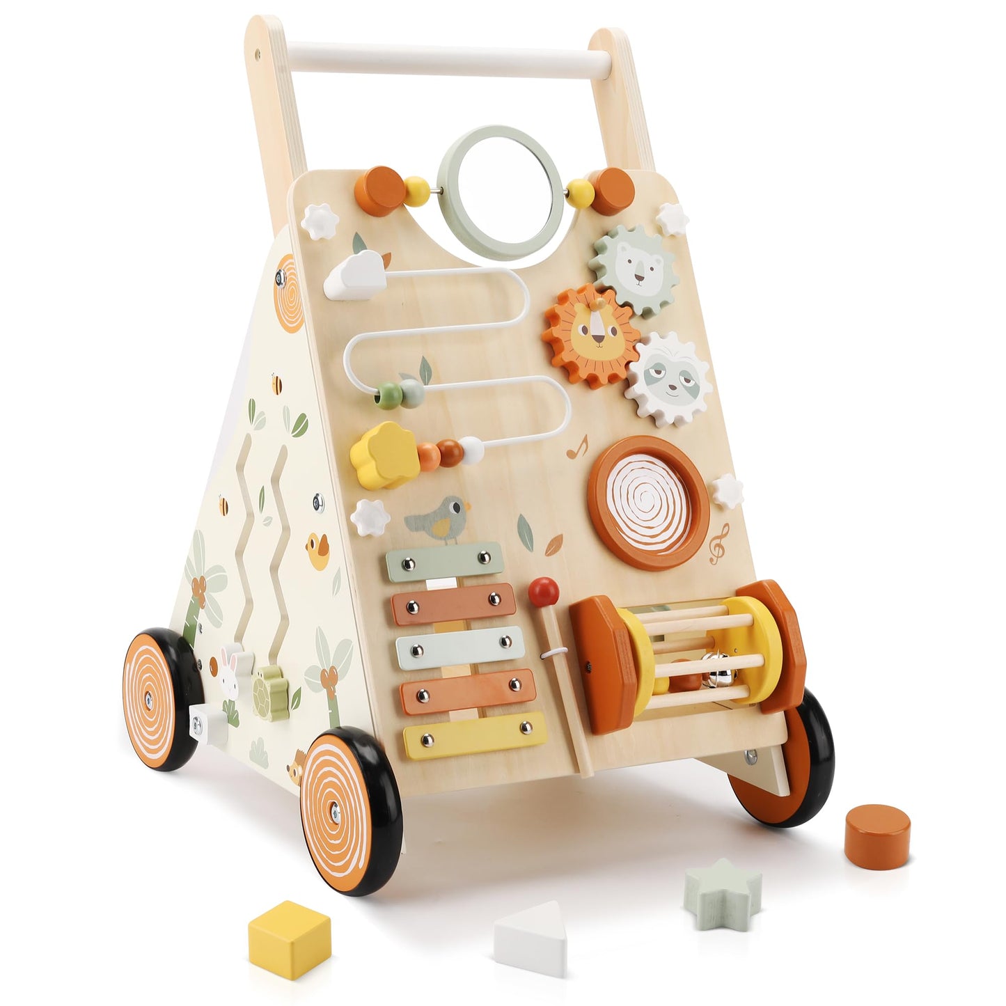 Pithfor Wooden Baby Walker – Montessori Push Walker with 8 Activities for First Steps