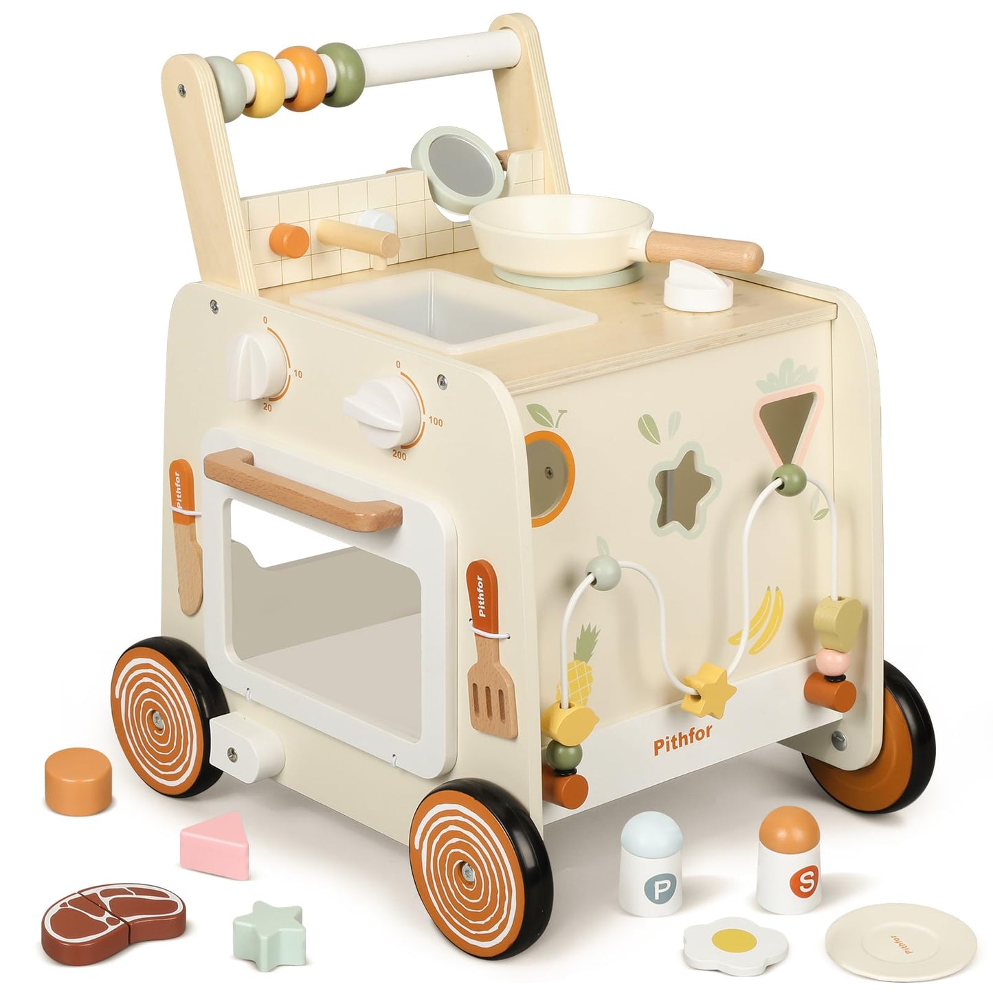 Pithfor Wooden Baby Walker – 3-in-1 Push Walker, Montessori Sensory Center & Pretend Kitchen