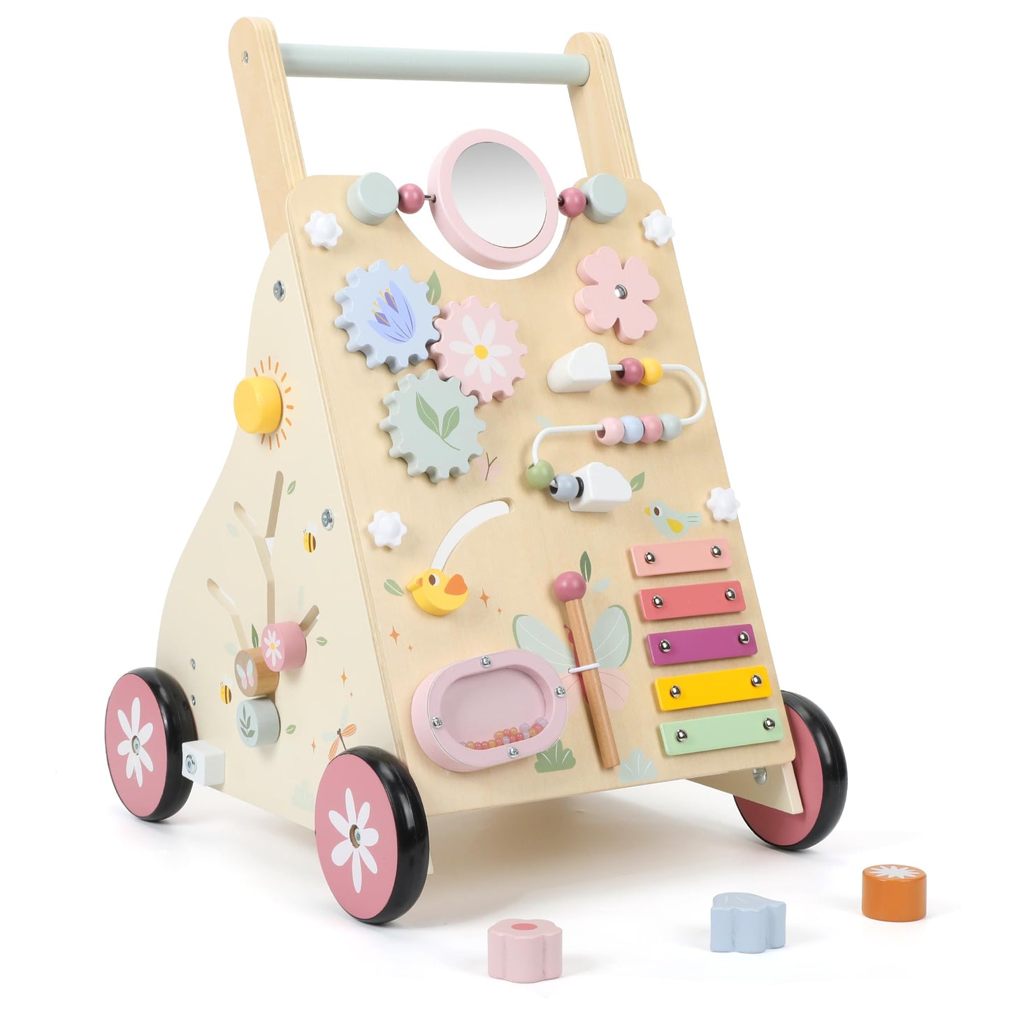 Pithfor Wooden Baby Walker — Montessori Sensory Push Walker for First Steps and Sit-to-Stand