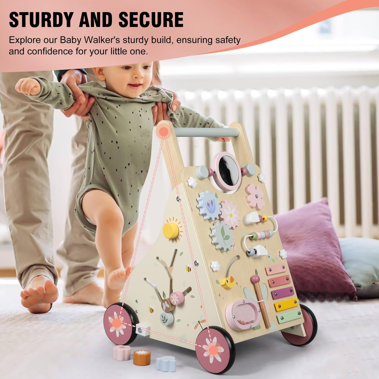 Pithfor Wooden Baby Walker — Montessori Sensory Push Walker for First Steps and Sit-to-Stand