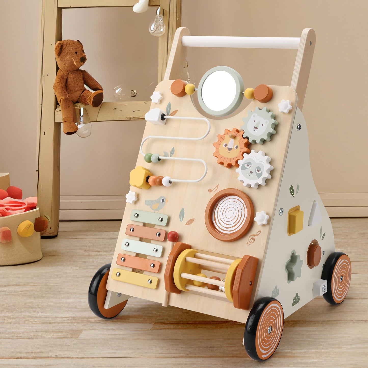 Pithfor Wooden Baby Walker – Montessori Push Walker with 8 Activities for First Steps